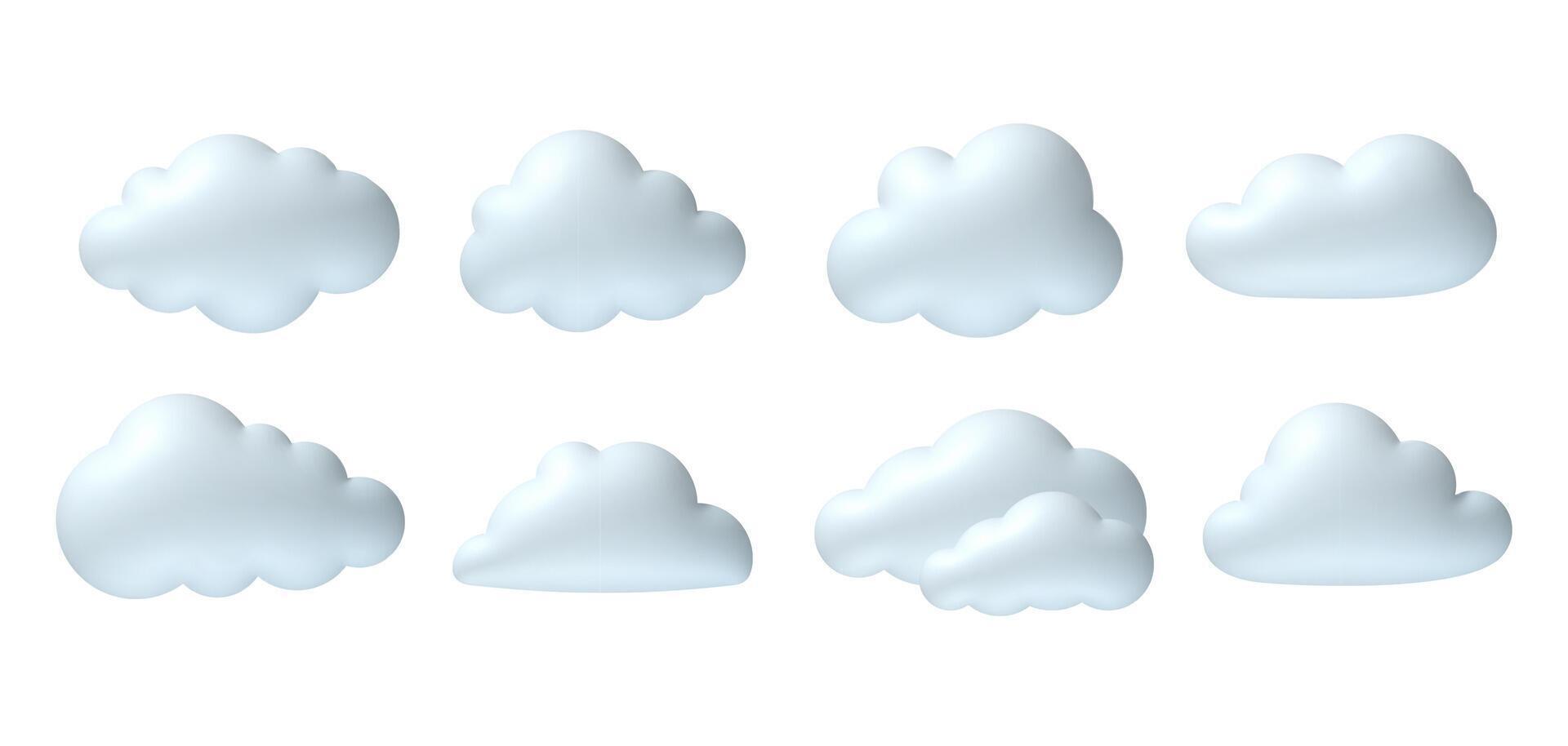 3d clouds. Realistic white cloud in soft inflation plastic shape with blue reflection. Plasticine 3d weather cloudy icons in cartoon render style. rounded cumulus icons vector