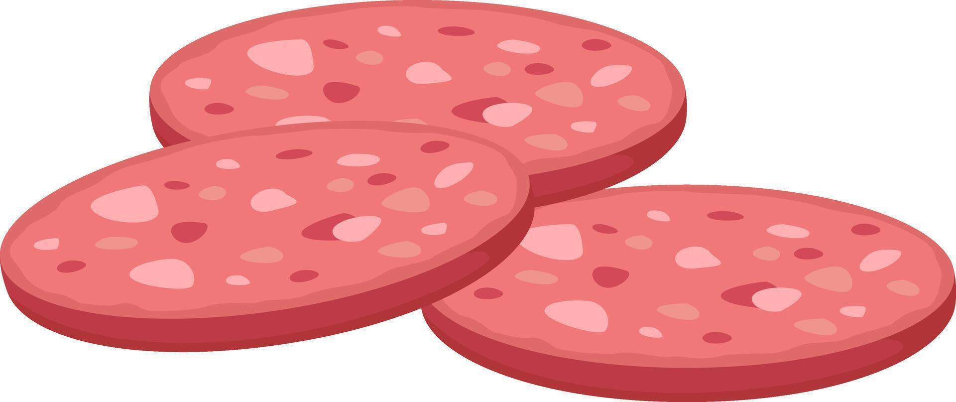 Three overlapping slices of bologna sausage create a visually enticing arrangement on a clean white background, highlighting the pink color and smooth texture of this classic delicatessen meat vector
