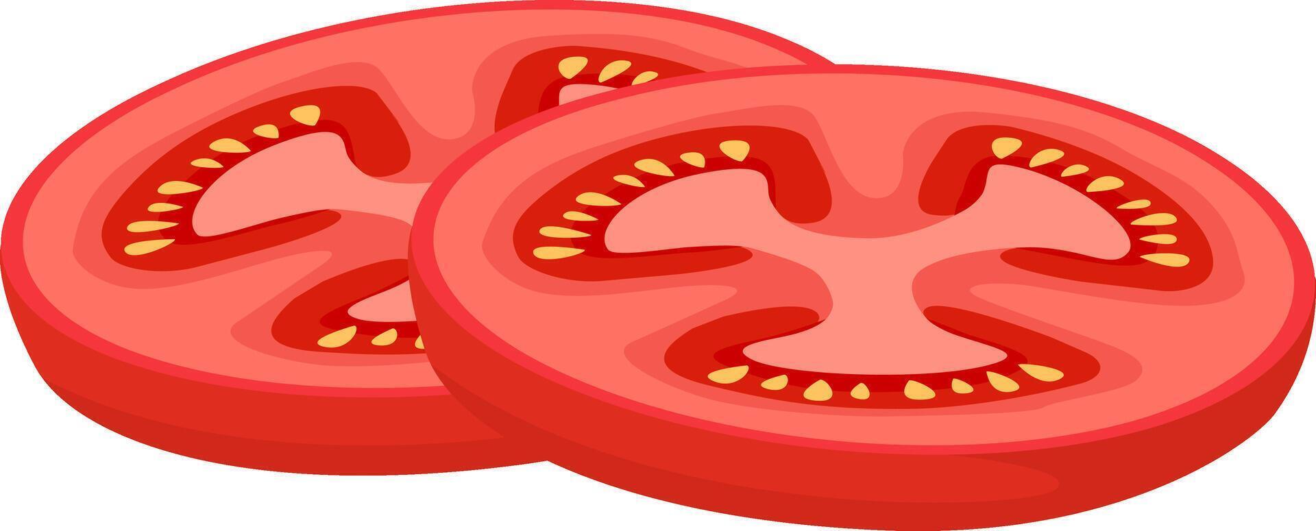 Two juicy slices of vibrant red tomato are presented, showcasing the inner structure with seeds and pulp, ideal for culinary or ingredient focused visuals vector