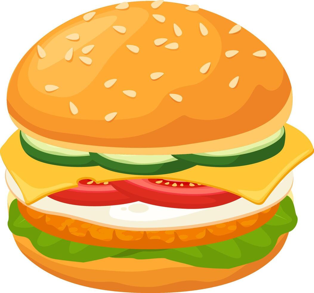 Tasty burger with sesame bun, meat, cheese, cucumber, tomato, lettuce and mayonnaise filling isolated on white background representing delicious fast food meal vector