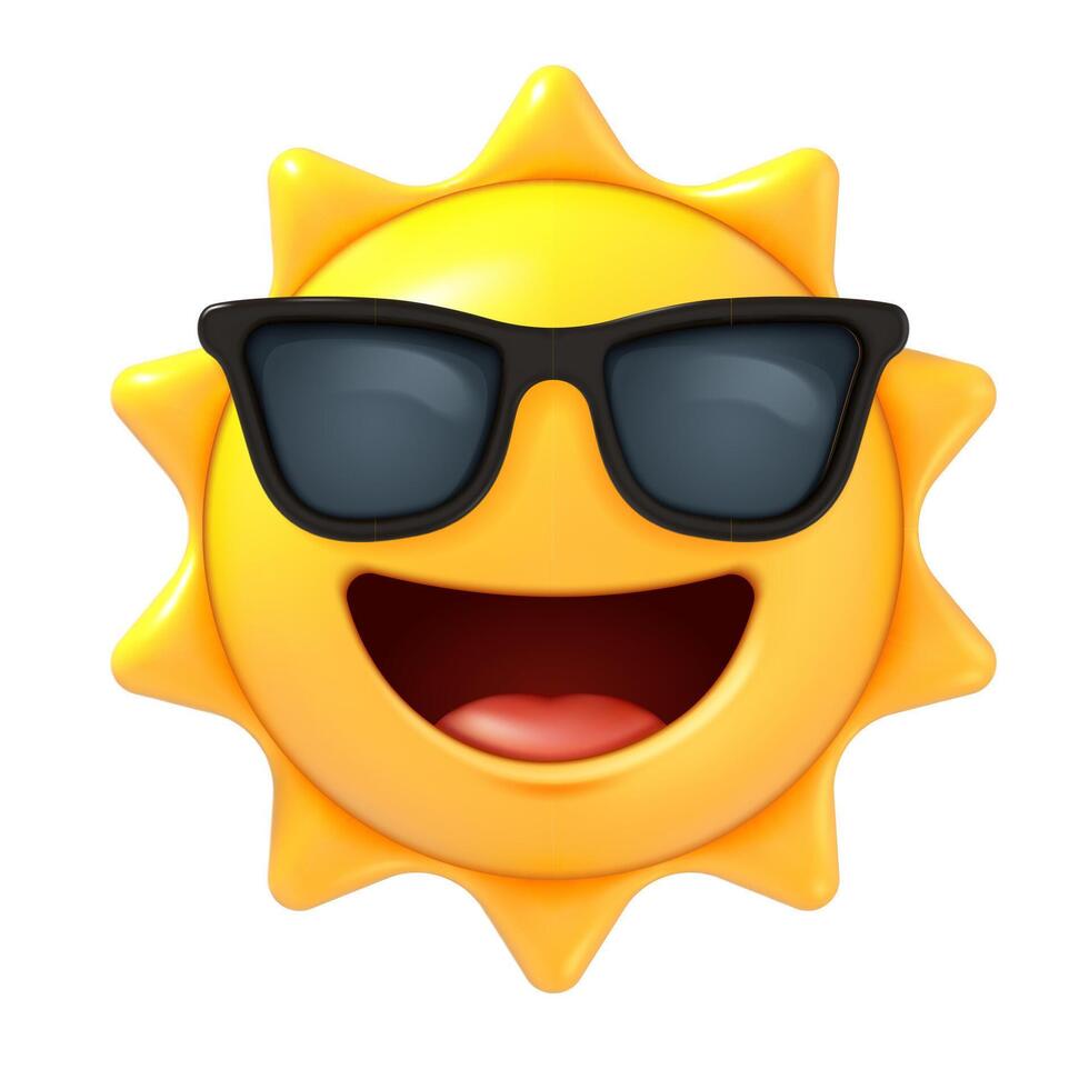 3d sun emoji. Summer sun with sunglasses, happy smiling emoticon in render style, cute cartoon character. Social media mascot icon isolated on white background vector