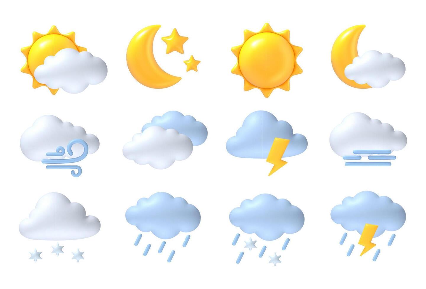 3d weather icons. Sun, moon and cloud, rain and wind, thunderstorm and fog, snow meteorological symbols for app. Sunny, rainy and windy, thunderstorm and snowy, foggy weather. set vector