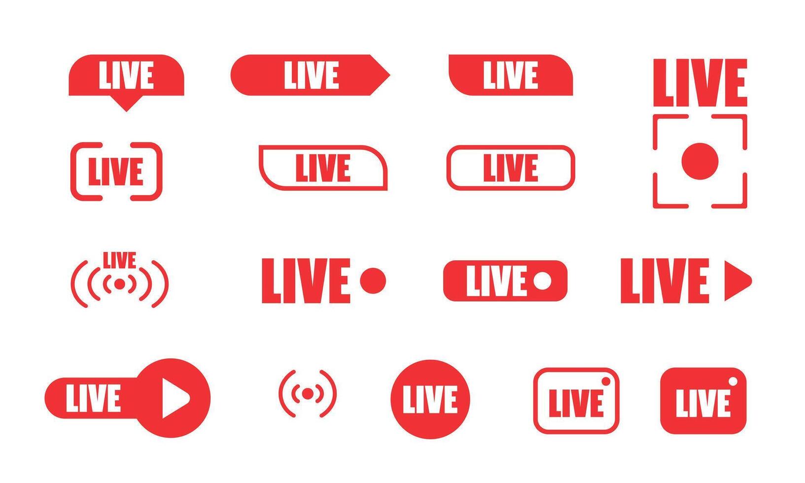 Large set of red buttons for streaming, live broadcast, blog, stream. Modern technologies for the design of content, news feeds. vector