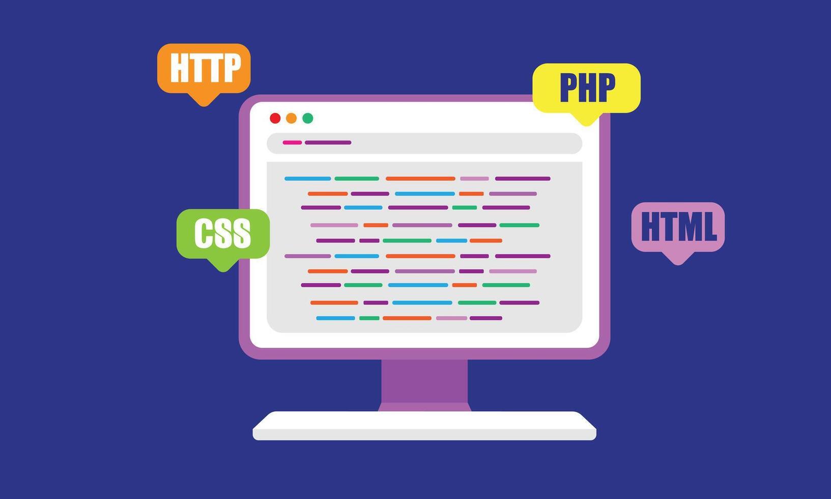 Web Development concept, programming and coding. Laptop with virtual screens on white background. vector