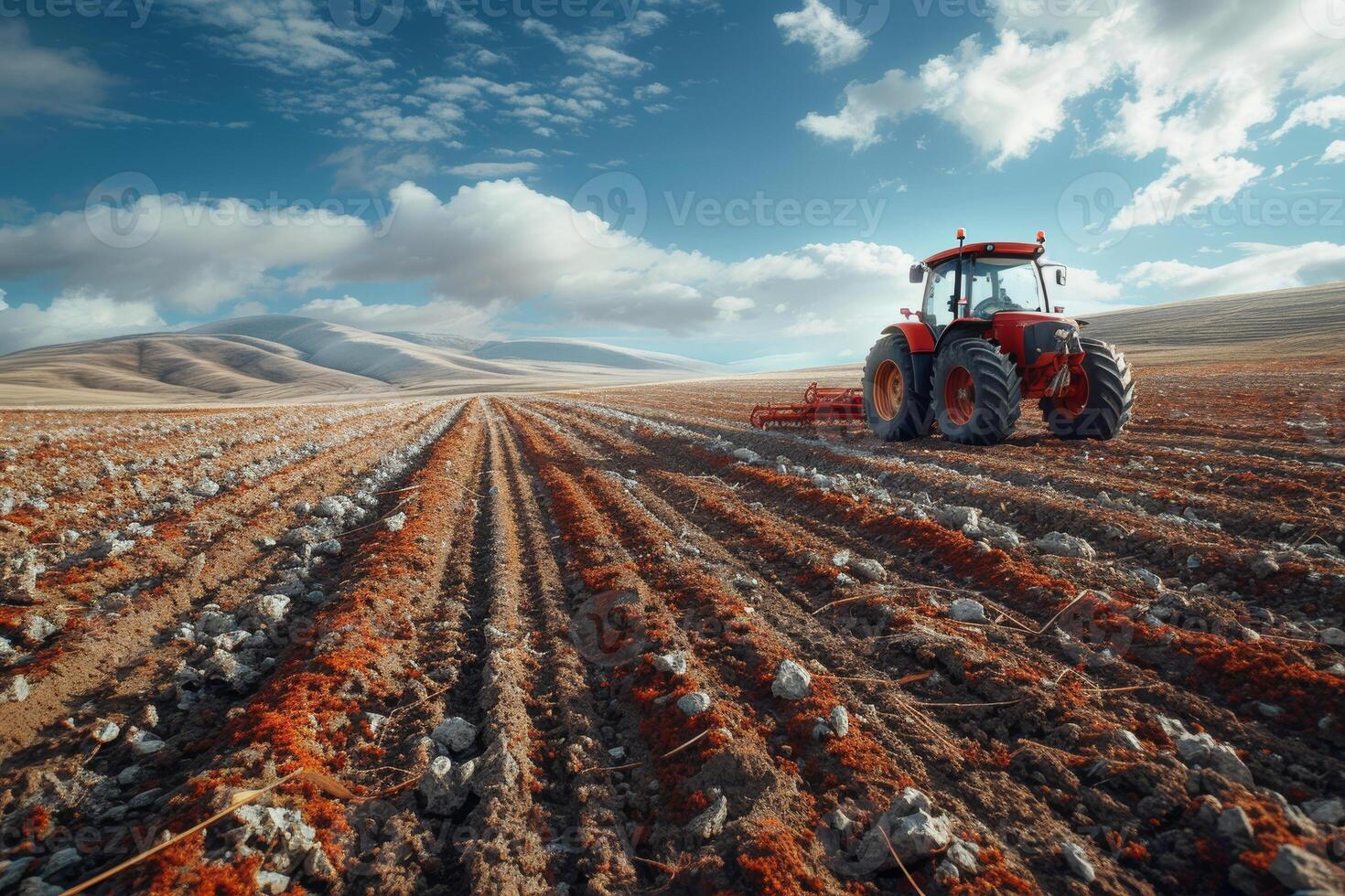 Tractor in Vast Field Under Clear Blue Skies photo