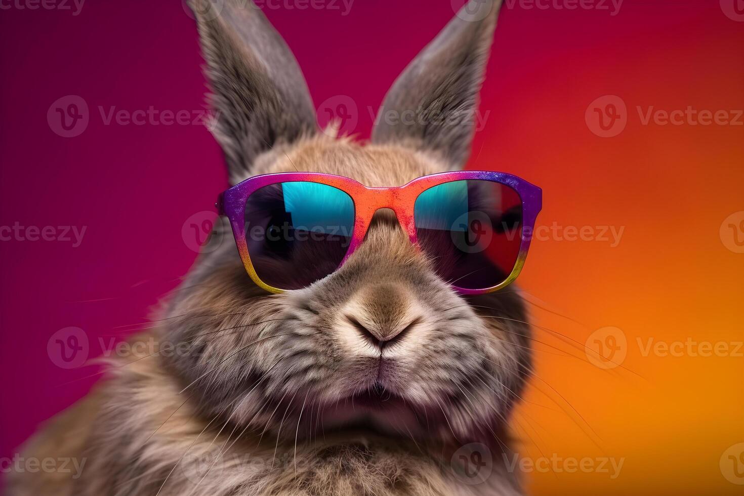 Funny bunny or rabbit wearing sunglasses in studio with a colorful and bright background. photo