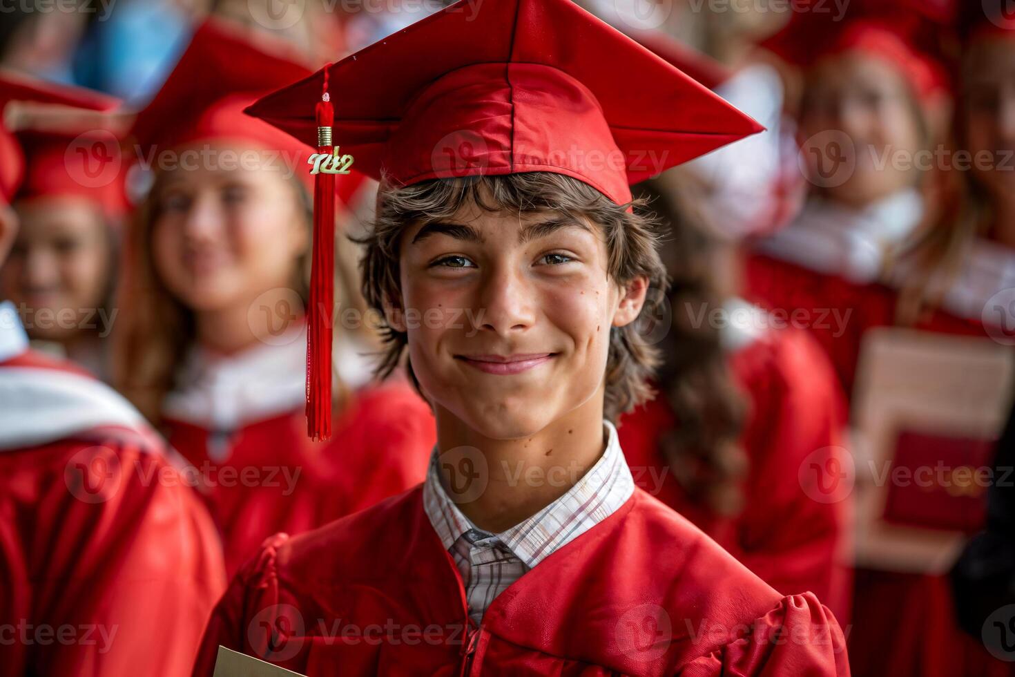 Teenage Boy in Red Graduation Gown Smiling Proudly at Ceremony photo