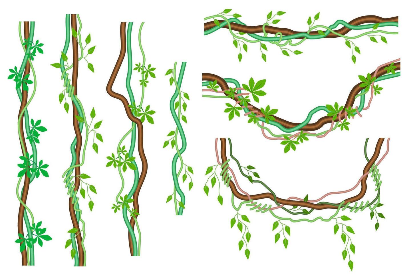 Cartoon Color Different Tropical Lianas Icons Set. vector
