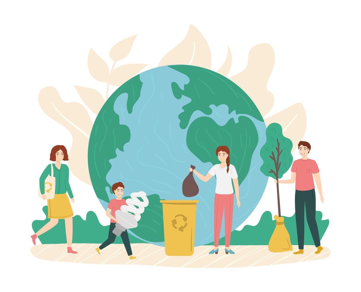 Cartoon Color Characters People and Care About Environment Concept. vector
