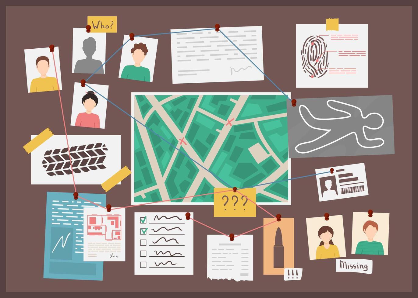 Cartoon Color Detectives Board with Elements Concept. vector