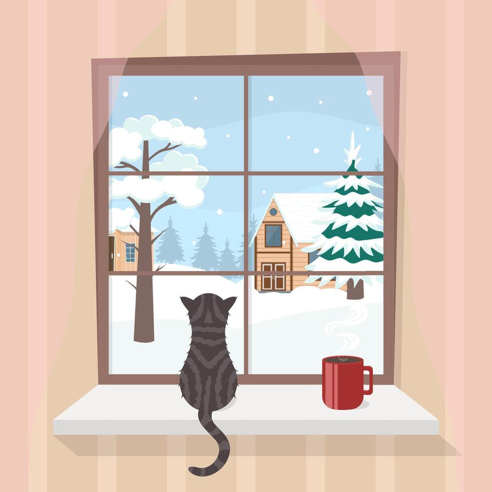 Cartoon Color Winter Window View Concept. vector