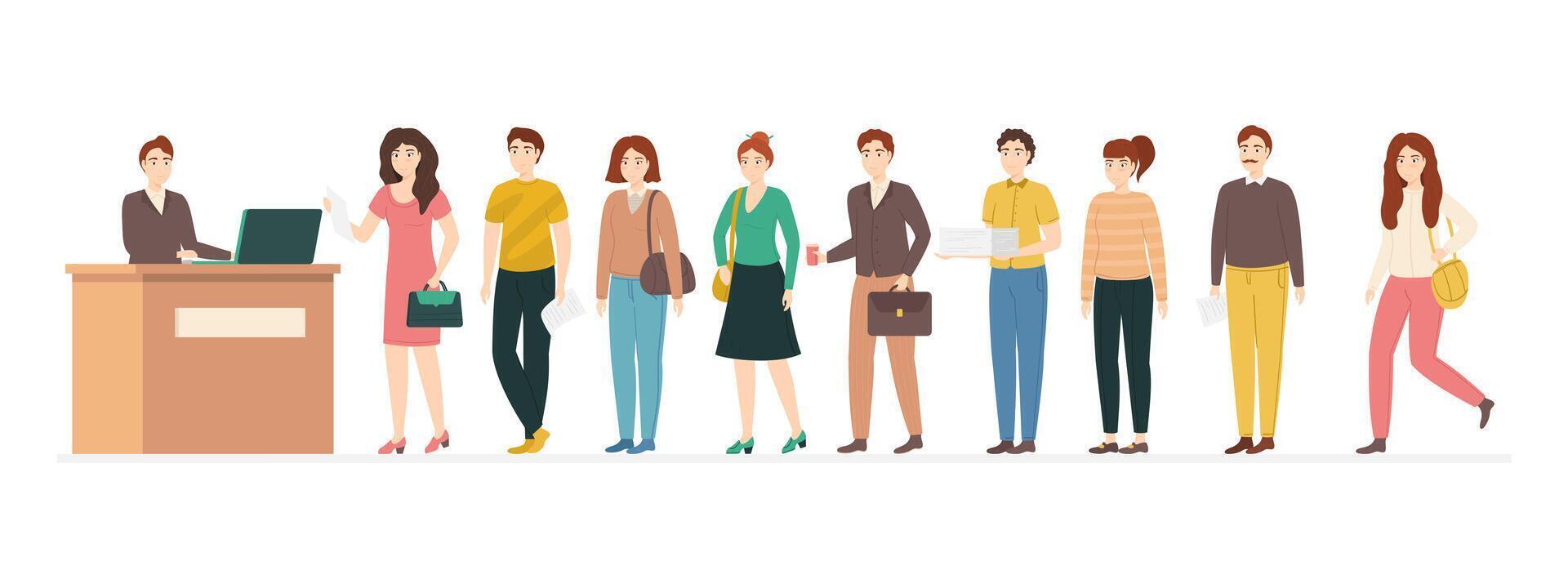 Cartoon Color Characters People Queue Documents Concept. vector