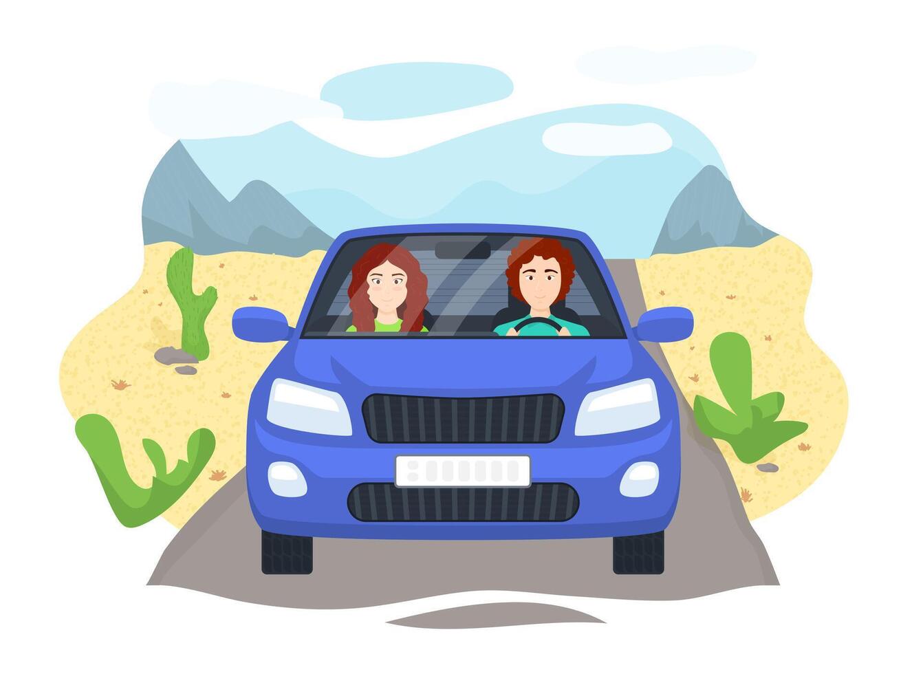 Cartoon Color Characters People Couple in Car Concept. vector