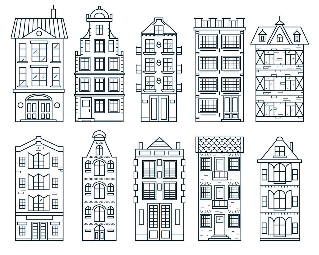 Old Europe House Building Sign Contour Linear Icon Set. vector