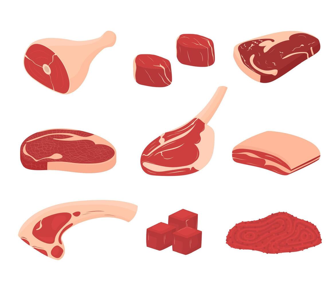 Cartoon Color Different Fresh Meat Icons Set. vector