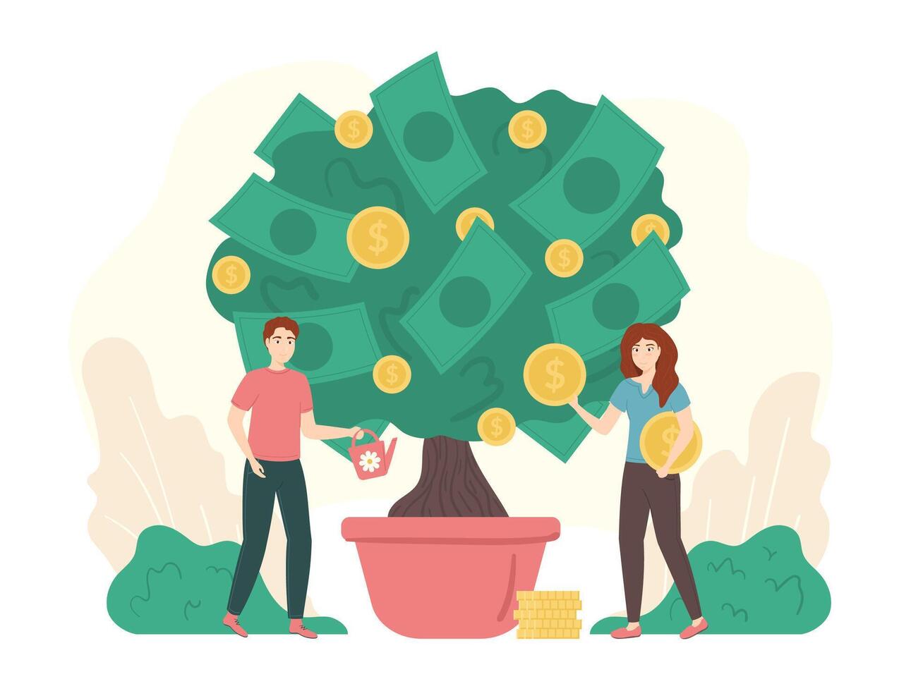 Cartoon Color Characters People and Money Tree Concept. vector