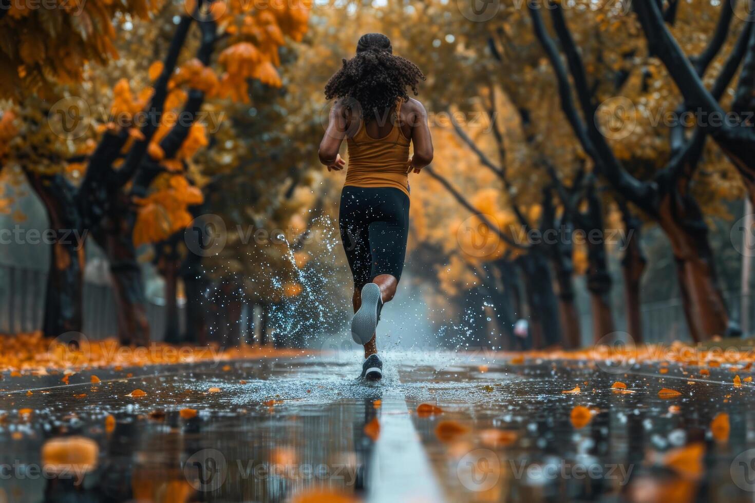 Runner splashing through puddles in a park during autumn, surrounded by vibrant orange leaves and reflective wet pavement. photo
