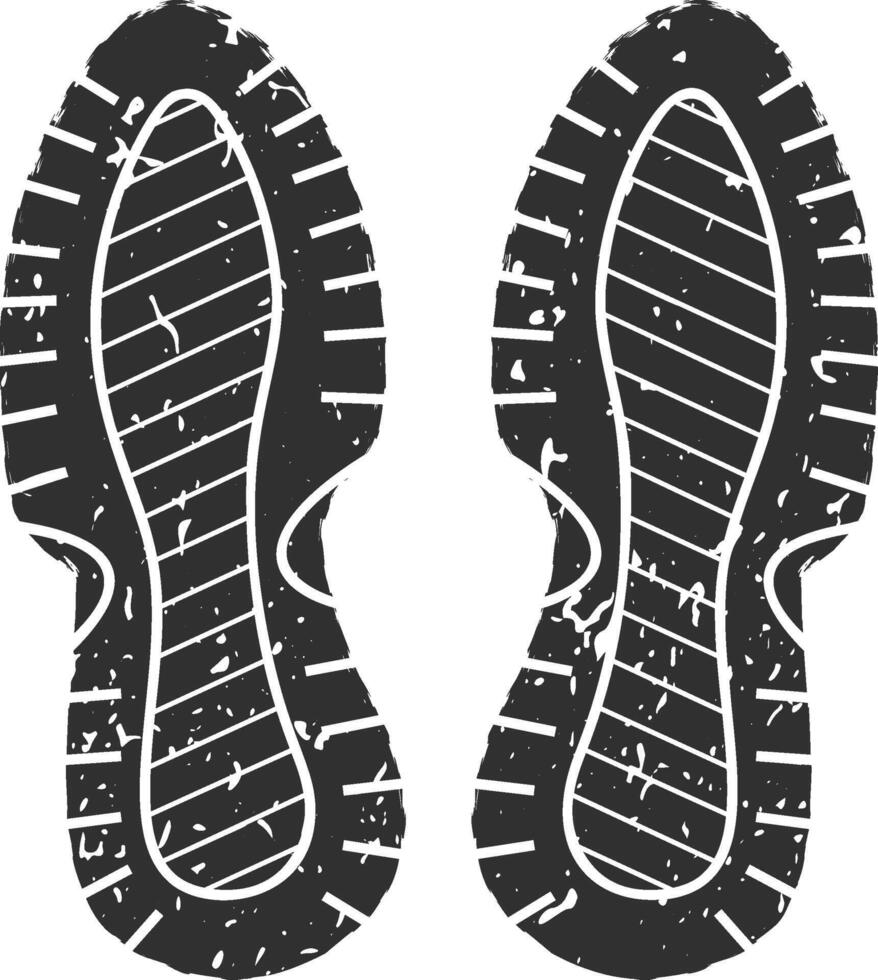 Black and white grunge illustration of a footprint showing the sole pattern of a pair of sports shoes, creating a powerful image of movement and activity vector