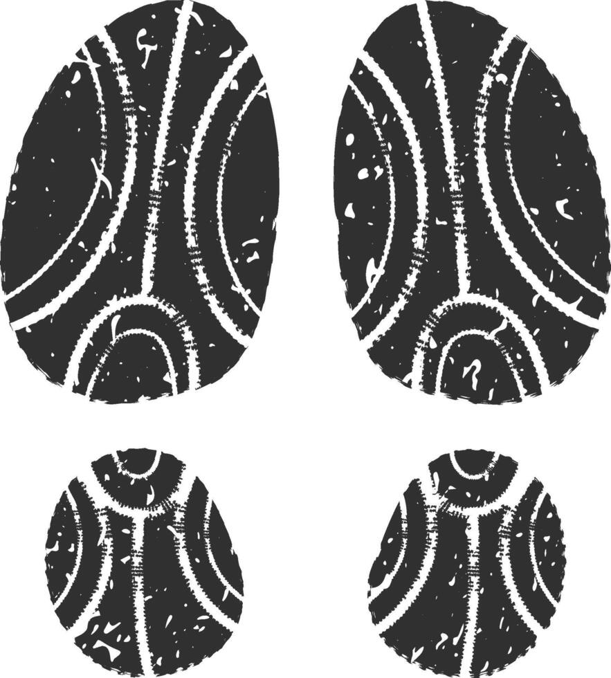 Four black shoe prints with grunge texture forming a walking pattern are isolated on a white background, creating a concept of movement and leaving traces vector