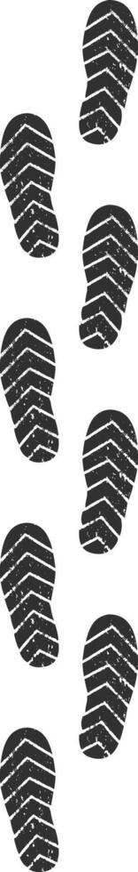 Vertical illustration featuring a series of dark boot prints with a textured, grunge effect, evoking a sense of movement and direction on a clean white backdrop vector