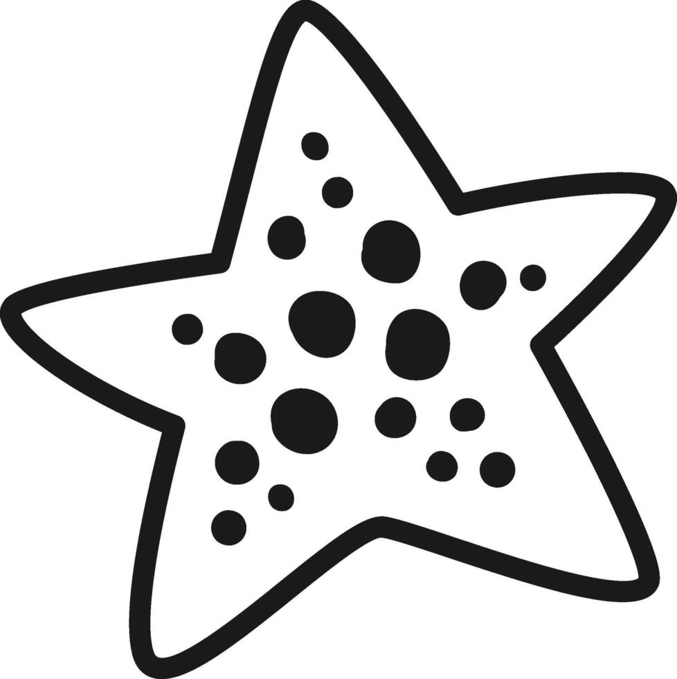 Hand drawn five pointed starfish with a black outline and spots, isolated on white, perfect for children's books and educational projects featuring marine life vector