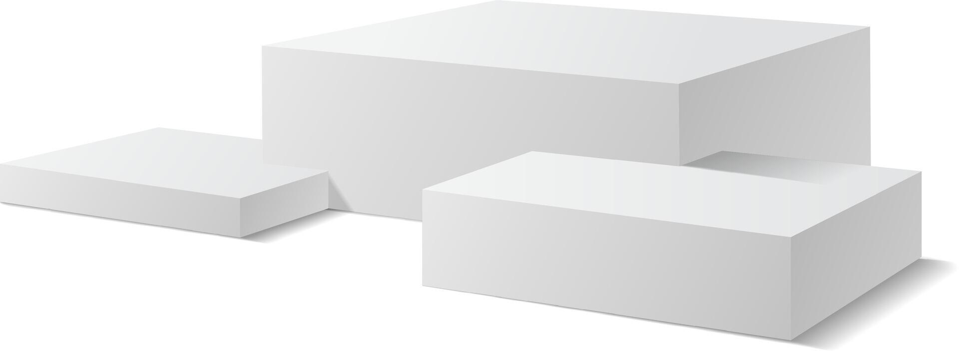 Three white parallelepipeds of varying sizes forming a modern pedestal for showcasing products, casting realistic shadows against a clean white background vector