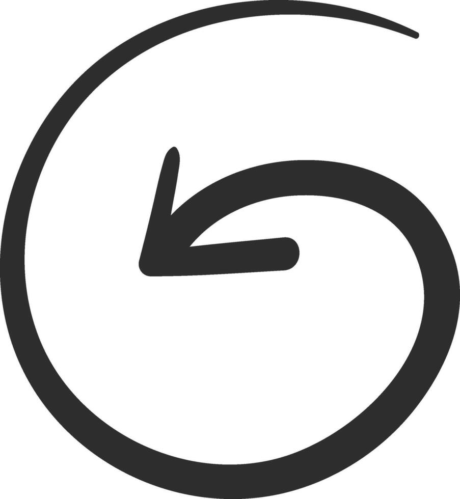 Hand drawn circular arrow pointing downward, creating a complete loop, representing concepts of return, undoing actions, or illustrating a cyclical process in motion vector
