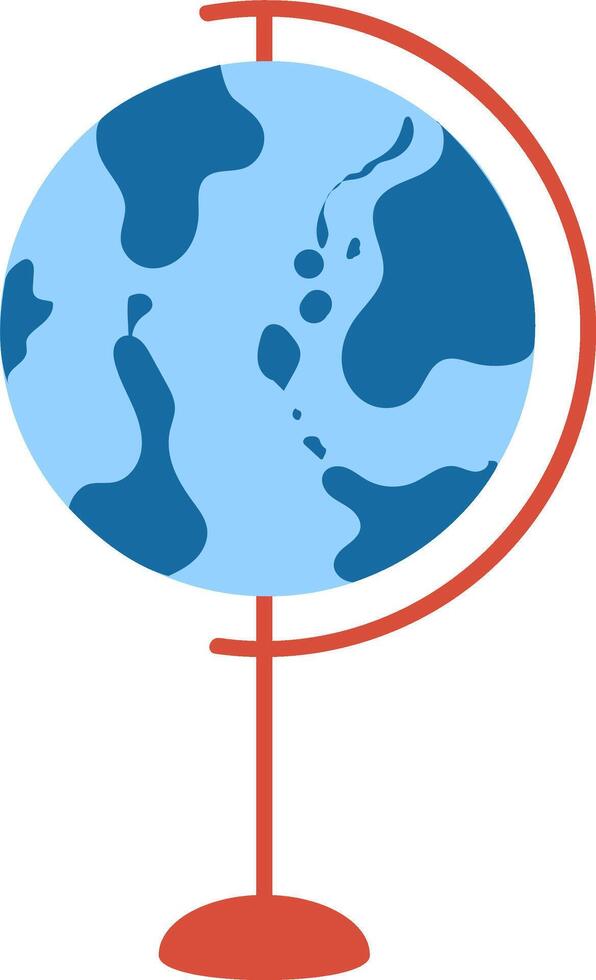 Terrestrial globe showing stylized continents and oceans rotating on a red stand, representing global awareness, geography education, and international exploration vector