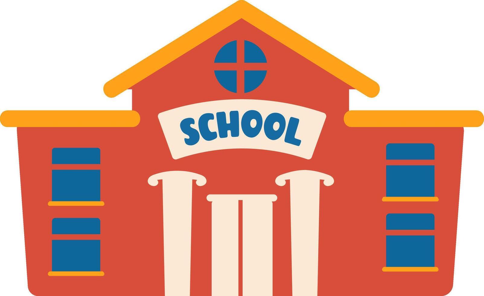 Red school building with columns welcoming students for learning, featuring a pitched roof, multiple windows, and a prominent SCHOOL sign, symbolizing education, knowledge, and academic pursuits vector