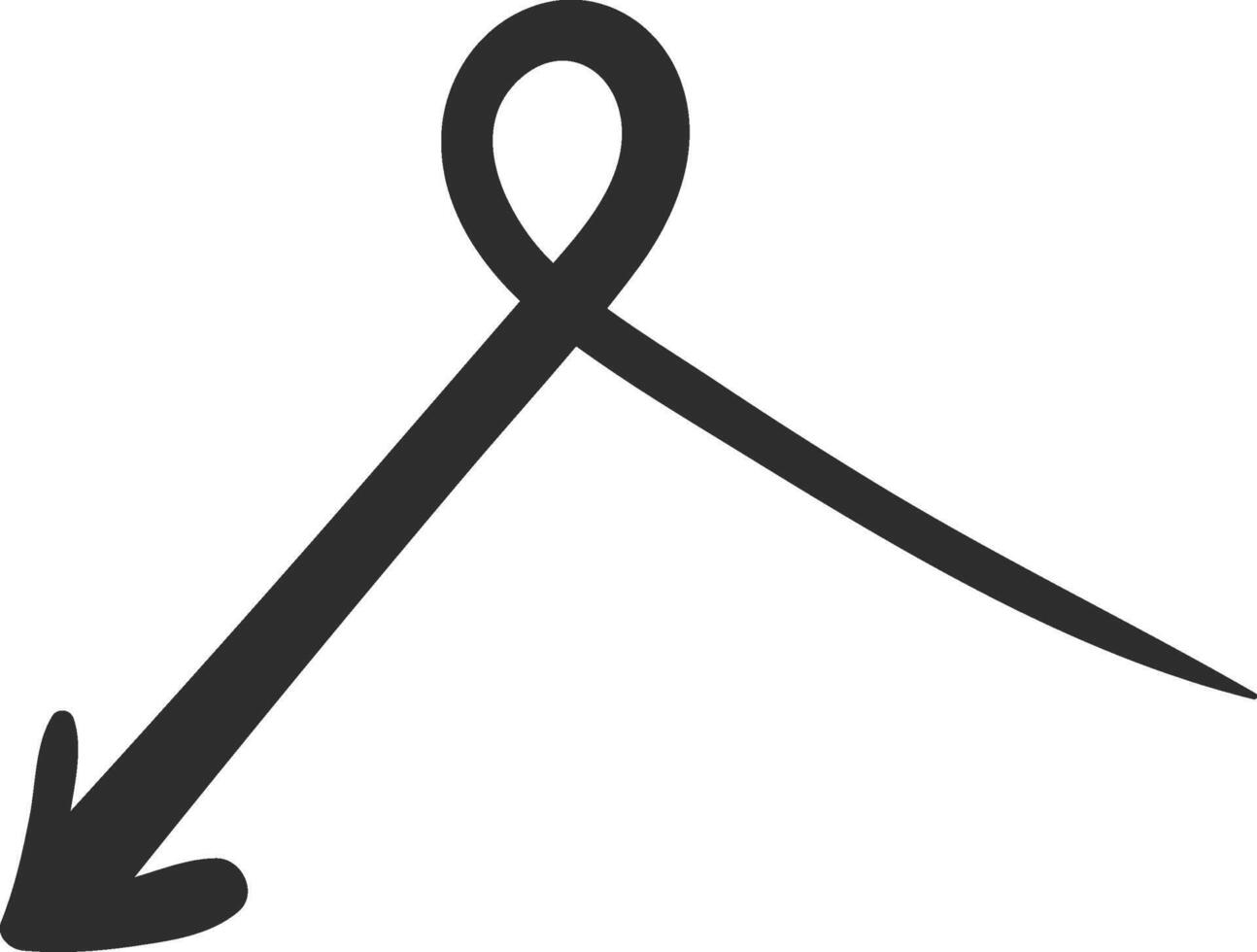 Hand drawn arrow featuring a loop at the top, pointing down and to the left, effectively conveying direction and movement in a visually captivating manner vector
