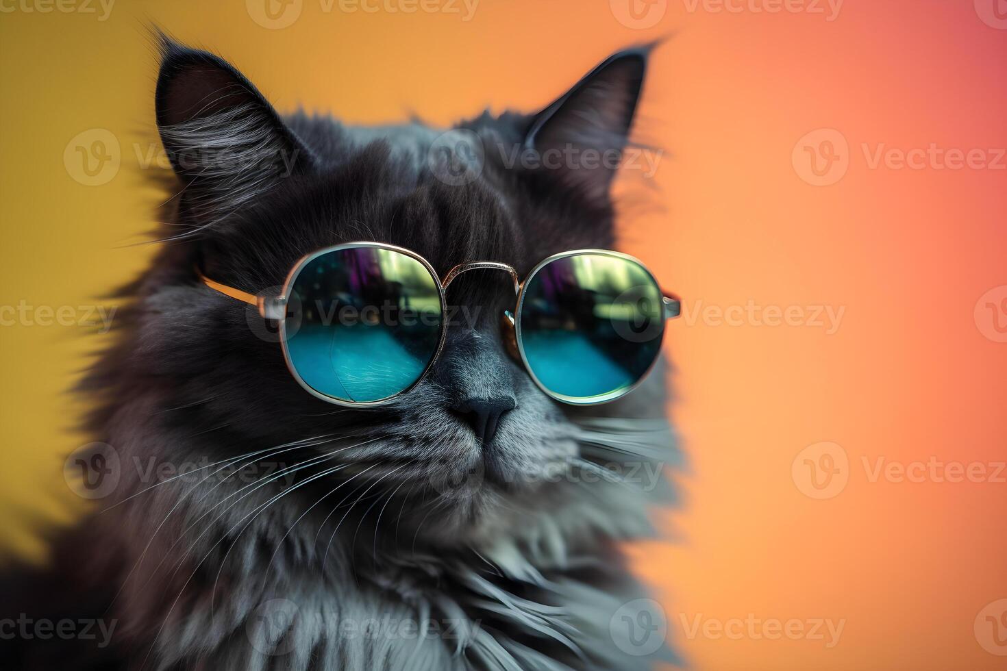 Funny cat wearing sunglasses in studio with a colorful and bright background. photo