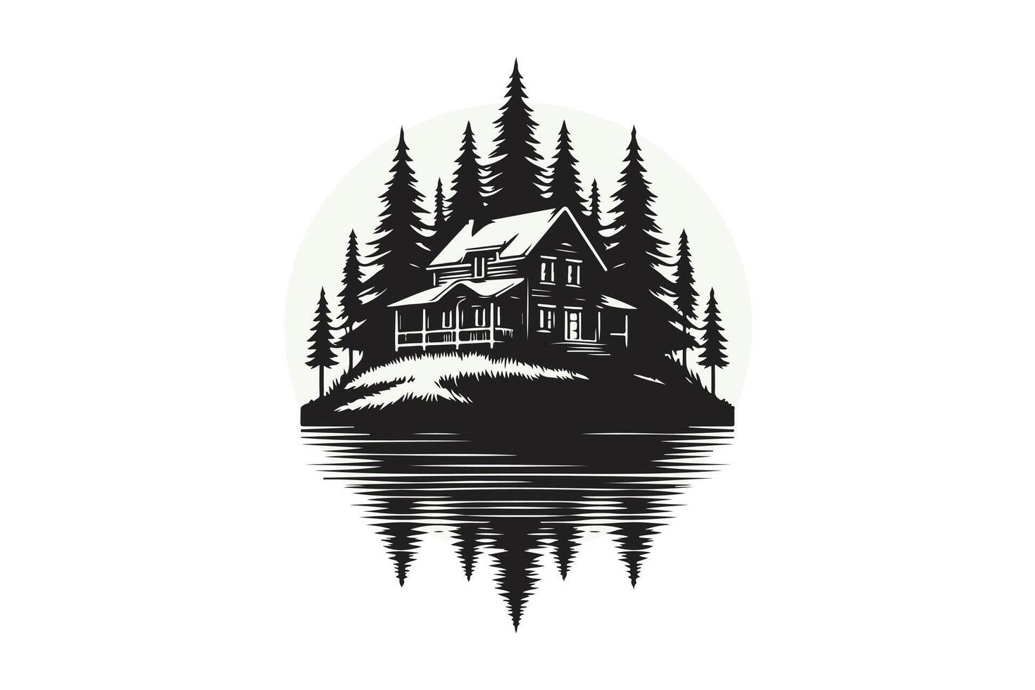 Design for T-shirt vintage retro style showcasing a detailed forest cabin nestled among pine trees vector