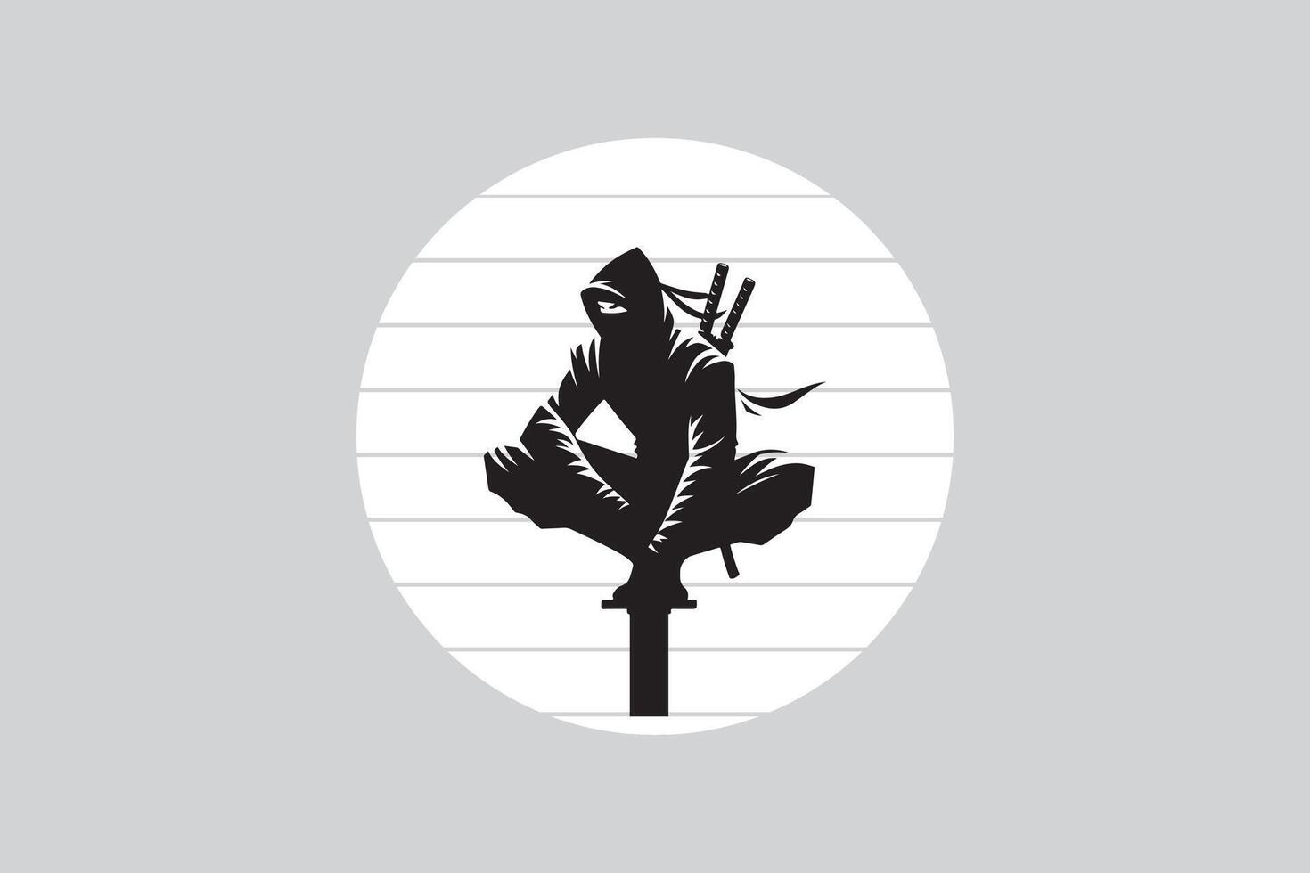 ninja figure in a crouched position on a pole infront of moon vector