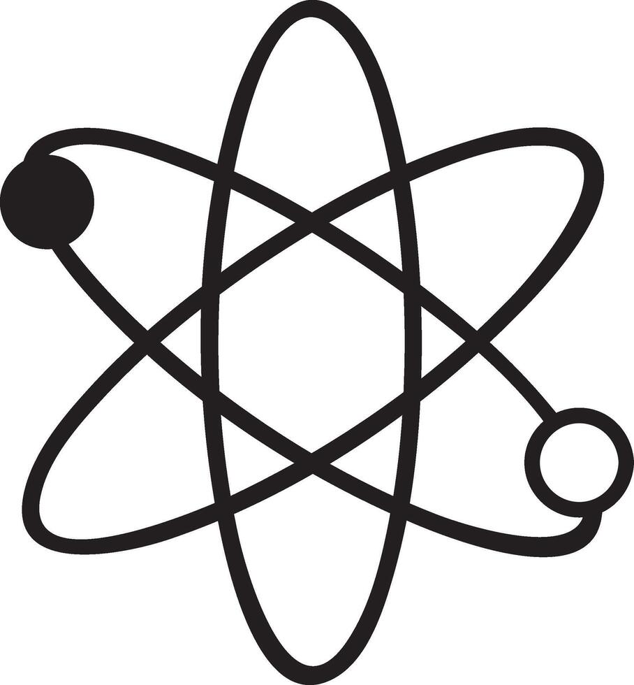 Atom revolving around nucleus with electrons orbiting in simple black and white science symbol representing physics, chemistry, and scientific research vector