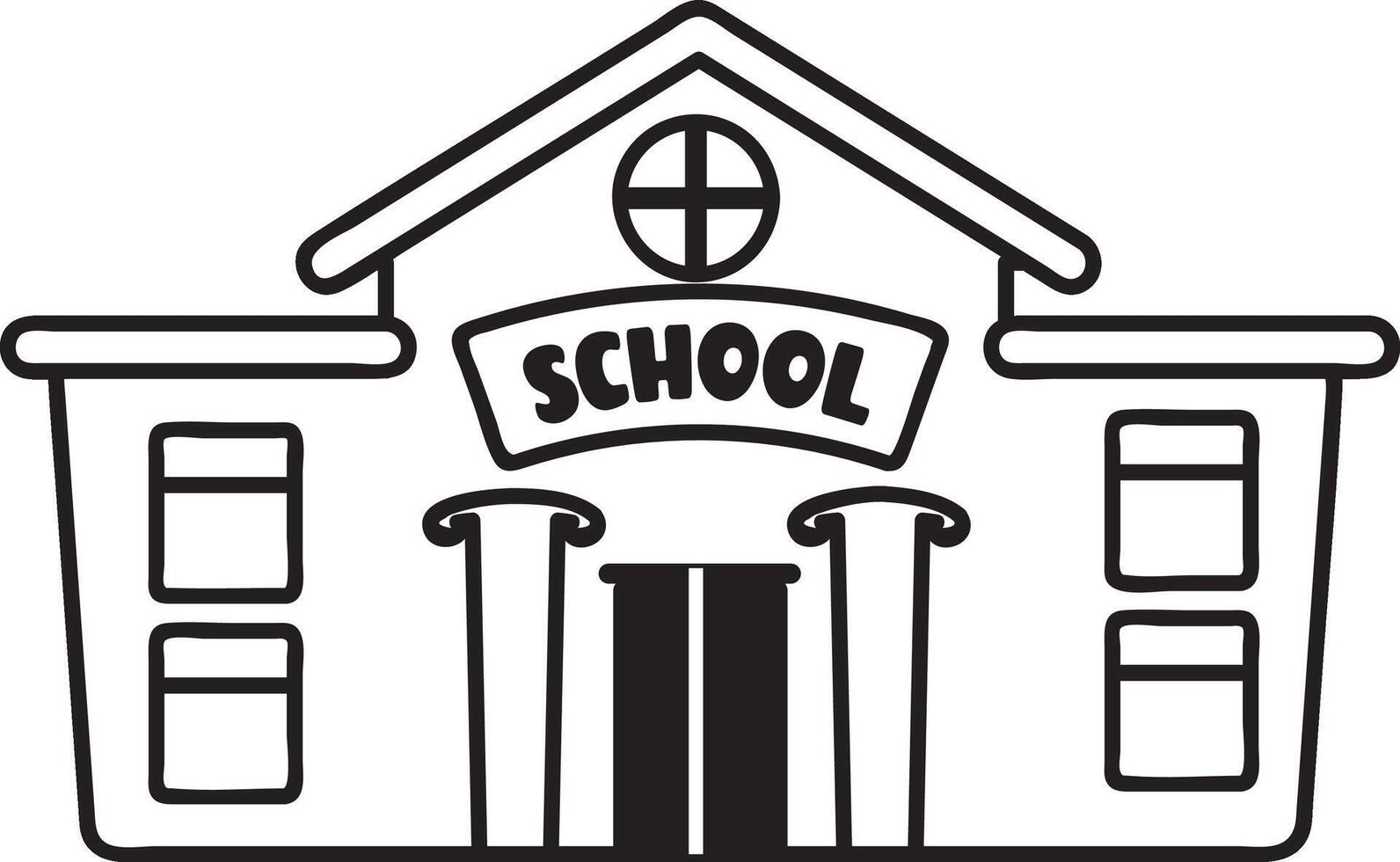 Hand drawn school building featuring prominent columns, large windows, and a clear SCHOOL sign, symbolizing education and learning in a simple yet effective way vector
