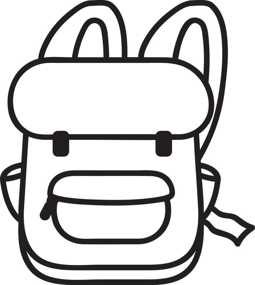 Simple line drawing of a backpack featuring a front pocket, side buckles, and adjustable straps, perfect for representing travel, hiking, or back to school themes vector