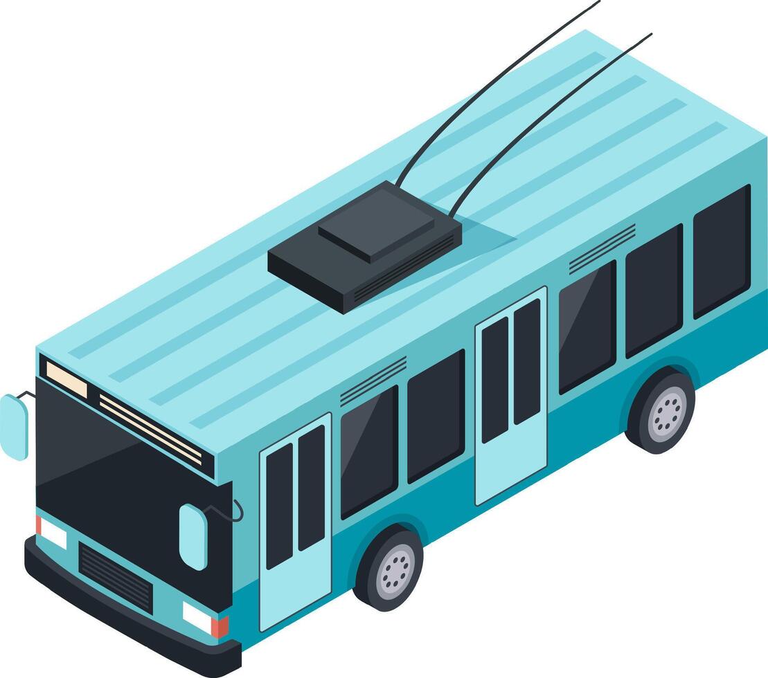 Light blue electric trolleybus navigating city streets, providing sustainable and eco friendly public transport for urban commuters while contributing to cleaner air and reduced emissions vector