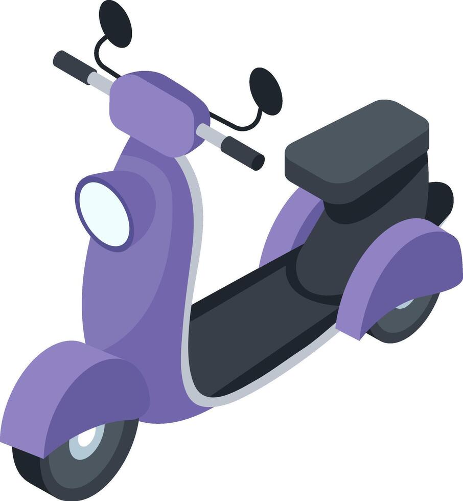Modern isometric illustration of a purple scooter parked, symbolizing urban transportation, quick commuting, and efficient mobility in a city environment vector