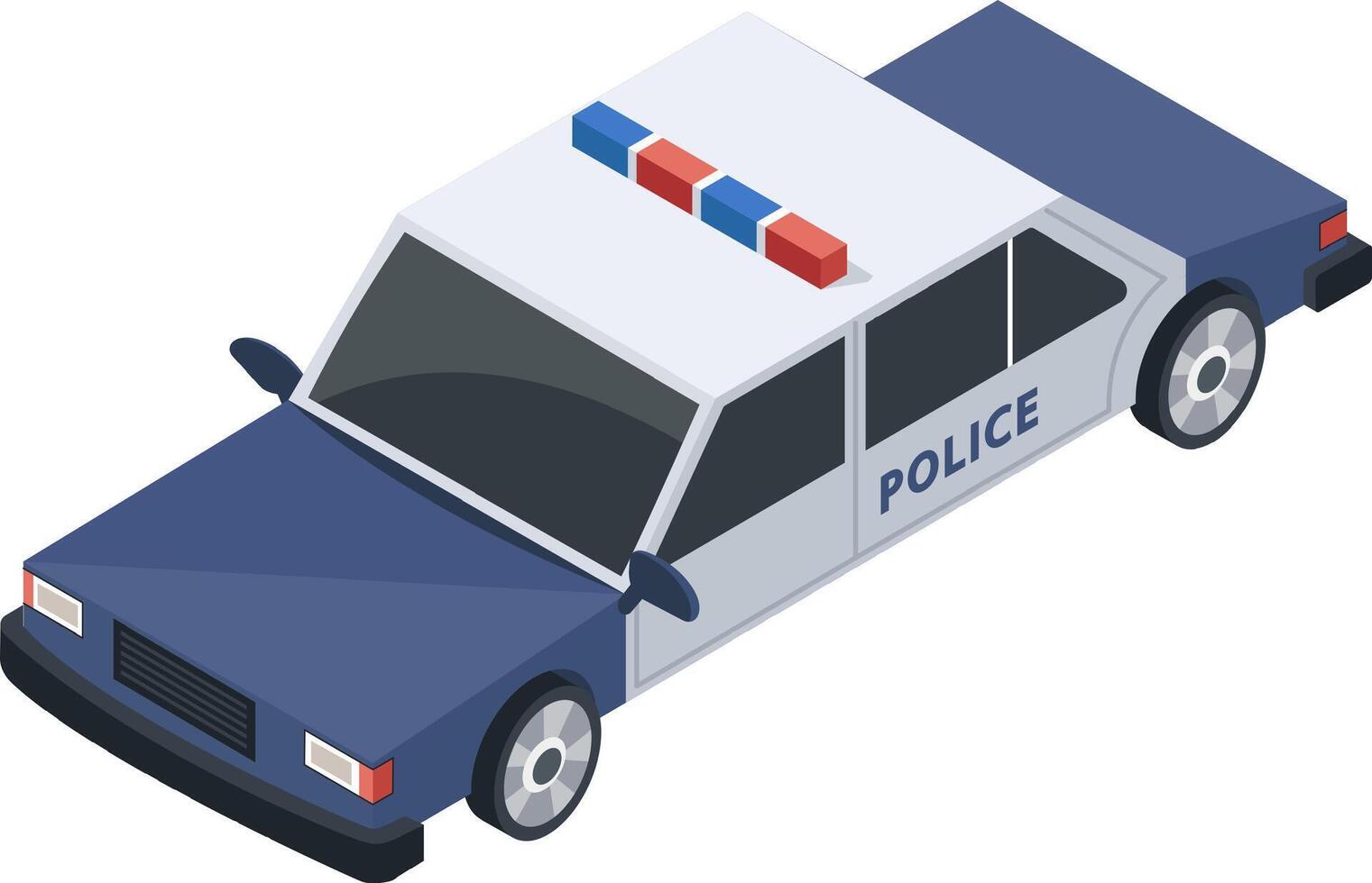 Isometric police car driving with flashing lights, ensuring safety and order in urban environment, representing law enforcement and emergency response vector