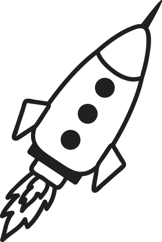 Hand drawn spaceship soaring through space, leaving a fiery trail behind. Simple black and white illustration designed for kids, featuring an isolated graphic of a rocket vector