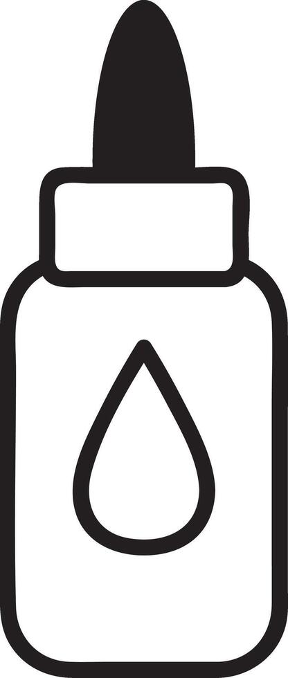 Simple black and white illustration of a bottle of liquid glue featuring a pointed nozzle cap for precise application, ideal for crafting, DIY projects, and school activities vector