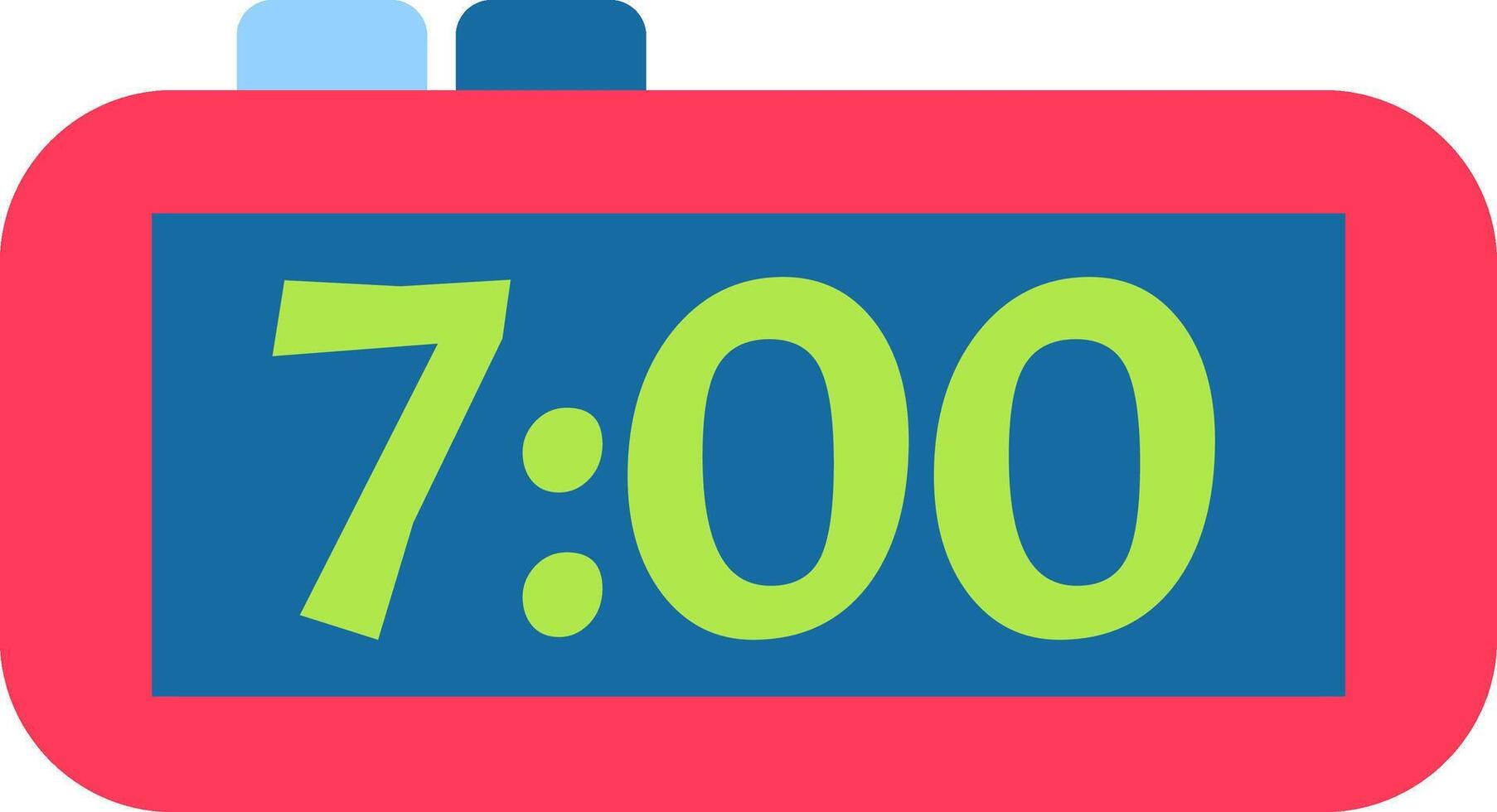 Red digital alarm clock showing seven o'clock on blue screen with two buttons on top, simple and minimalist design for concepts related to time management, sleep habits and daily routine vector