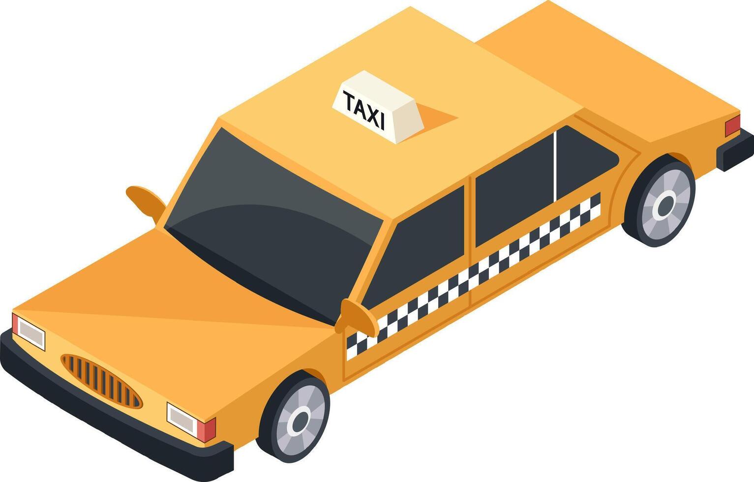 Classic yellow taxi cab waiting for passengers, featuring checkered stripes on its side and a taxi sign on its roof, presented in an isometric view against a clean white background vector
