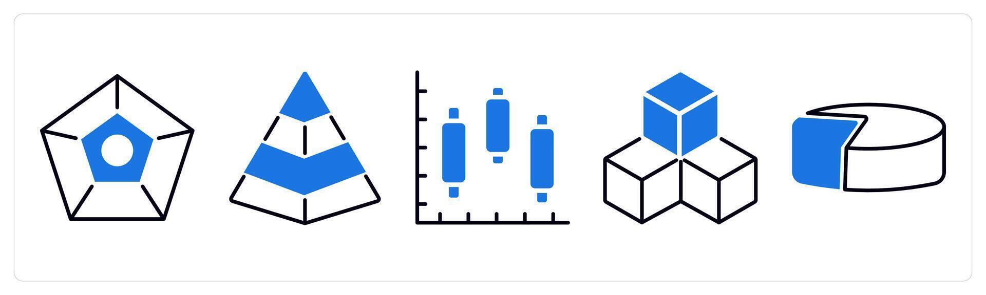 Set of 5 Diagram icons as pentagon, pyramid graph, intervals vector