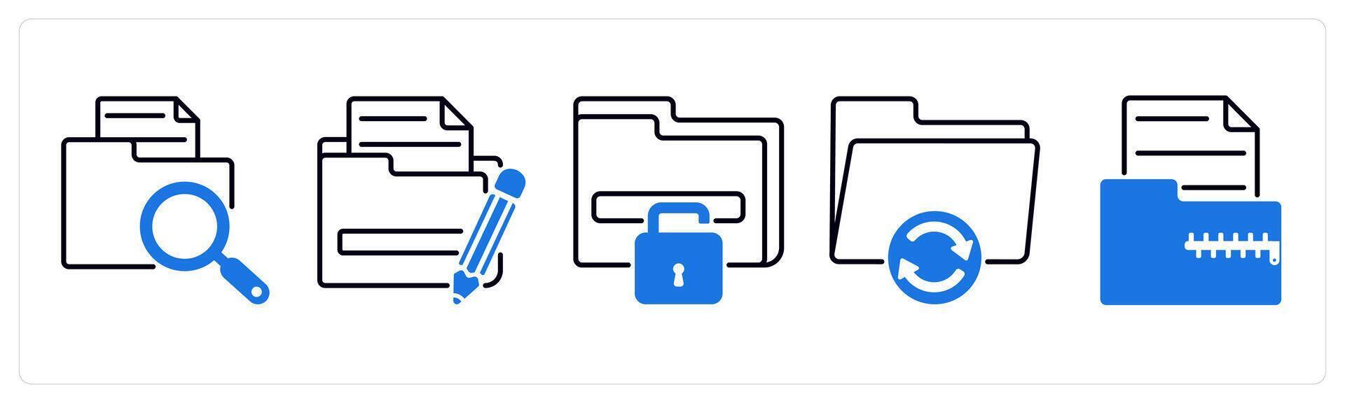 Set of 5 Files icons as search file, edit folder, unlock folder vector