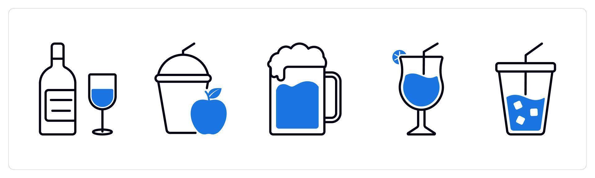 Set of 5 Food and Drink icons as wine, fruit juice, beer vector