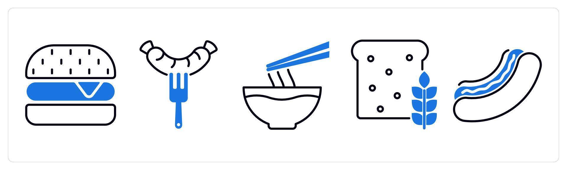 Set of 5 Food and Drink icons as burger, sausage, noodle vector