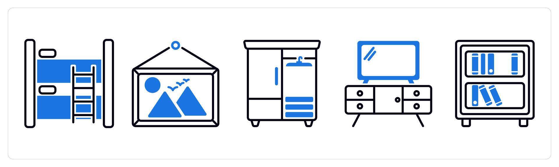 Set of 5 Furniture icons as bunk bed, painting, wardrobe vector