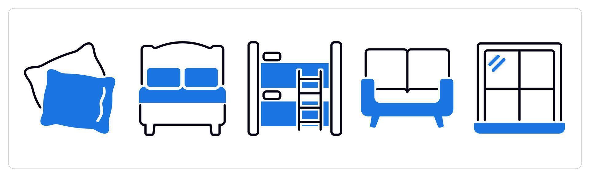 Set of 5 Furniture icons as pillow, bed, bunk bed vector
