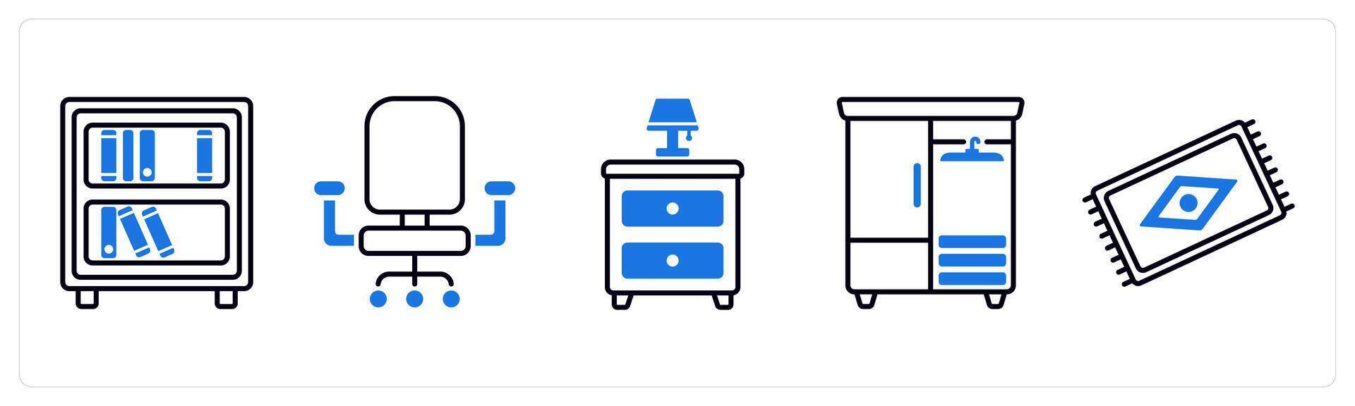 Set of 5 Furniture icons as bookshelf, work chair, side table vector